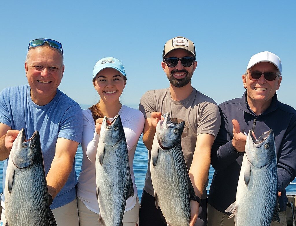 Group of smiling anglers holding salmon on Puget Sound near Edmonds